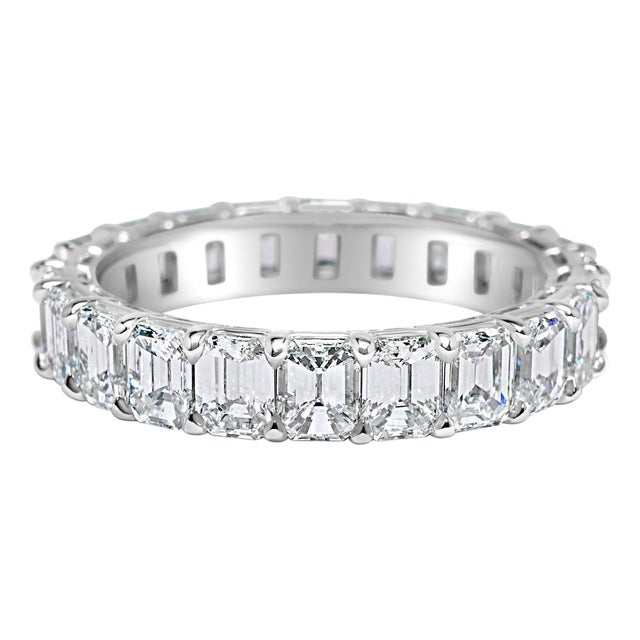 3.80 Carat Emerald Cut Diamond Wedding Eternity Band In Platinum, Size 5.5 For Sale