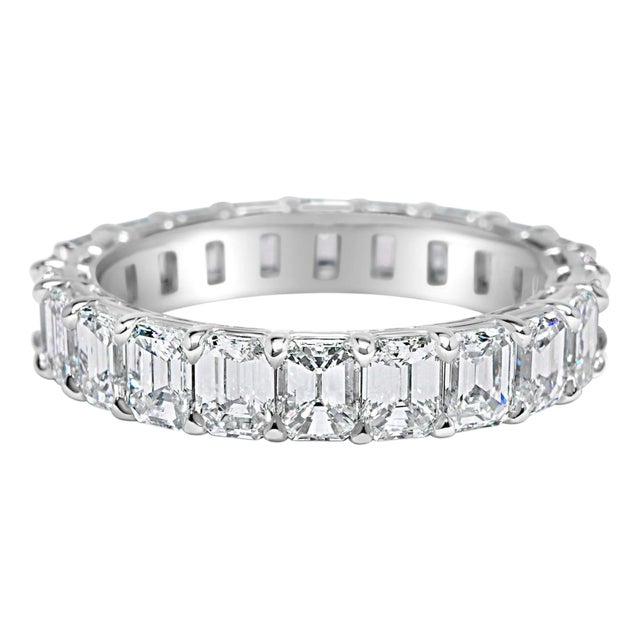 3.80 Carat Emerald Cut Diamond Wedding Eternity Band in Platinum, Size 6 For Sale