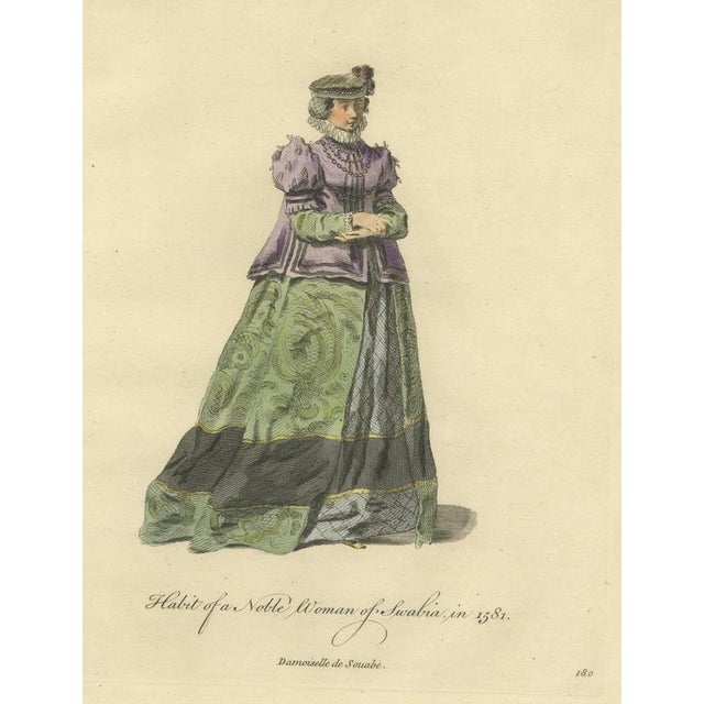 Jefferys, Noblewoman of Swabia in Purple Jacket and Green Skirt, Costume of 1581, 1757, Engraving For Sale - Image 9 of 9