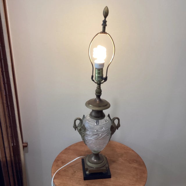 Mid 20th Century Neoclassical Cut Crystal Urn Bronze Swan Handles Lamps For Sale - Image 11 of 13