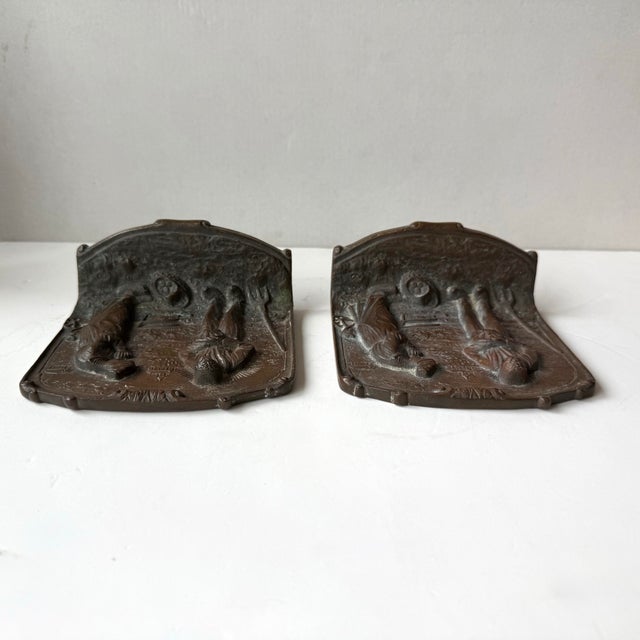 Art Deco Antique Solid Bronze Embossed Bookends Depicting a Couple in Prayer Styled After the Angelus by Millet For Sale - Image 3 of 9