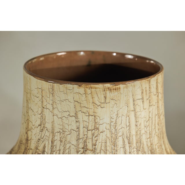 Large Artisan Studio Ceramic Vase with Textured Cream and Earth-Tone Glaze For Sale - Image 12 of 18