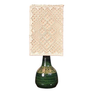 1976 Swedish Modern, Table Lamp, Green Glazed Stoneware, Crochet Shade For Sale