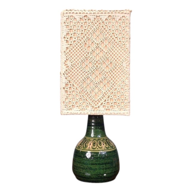 1976 Swedish Modern, Table Lamp, Green Glazed Stoneware, Crochet Shade For Sale