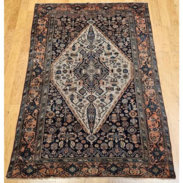 Persian Vintage Persian Malayer Area Rug, Handwoven Geometric Medallion Pattern, Ivory & Navy, 5’ X 7’ For Sale - Image 3 of 3