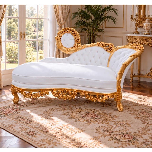 Gold 1970s Artisan Louis XVI Gold Beech Leather Chaise For Sale - Image 8 of 8