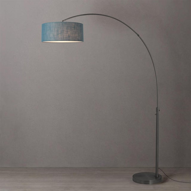 Mid-Century Modern 1960s Morelli 1-Light Mid Century Floor Lamp - Modern Arc Lamp, Pool Blue Linen Shade, Black Nickel FInish For Sale - Image 3 of 4