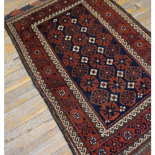 1890s Red Wine Geometric Tribal Antique Balouch Turkman Rug 3' 0'' X4' 9'' Handknotted Wool Carpet For Sale - Image 4 of 11