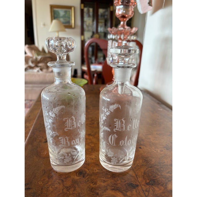 Late 19th Century Turn of the Century Heirloom- Matching Fern Etched Cologne Decanters and Bell Shaped Anise Decanter For Sale - Image 5 of 5