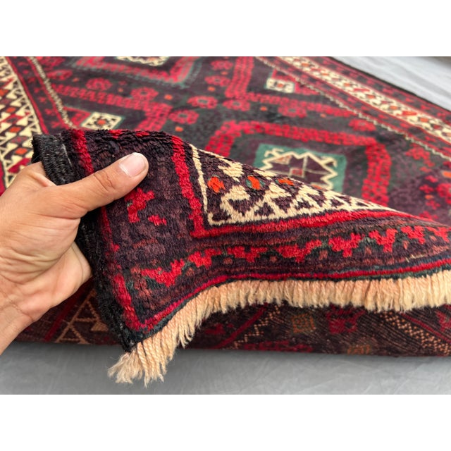 Red Vintage Afghan Hand-Knotted Wool Runner Rug | Tribal Red & Black Geometric Rug For Sale - Image 8 of 10