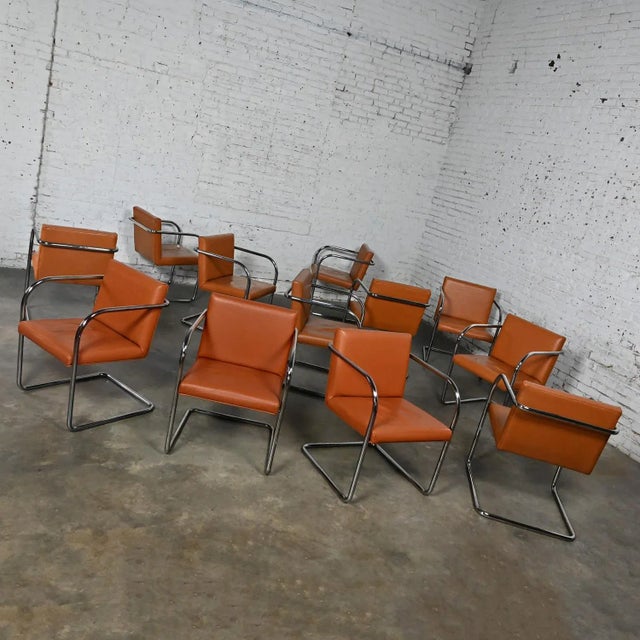 Late 20th Century Late 20th to Early 21st Century Thonet Bauhaus Brno Style Chairs Chrome & Cognac Leather Cantilever Set of 12 For Sale - Image 5 of 13