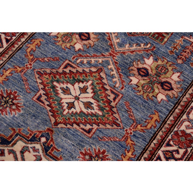 Rustic Super Kazak Blue/Beige Wool Runner - 2'8'' X 10'6'' For Sale - Image 4 of 8