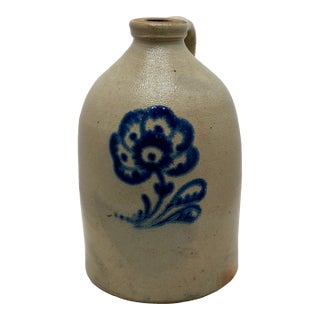 Outstanding Mid 1800s Antique American Blue Flower Decorated Stoneware 1 Gallon Jug in Excellent Condition. For Sale