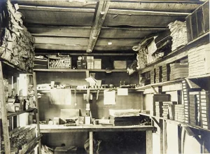Cluttered Office Typewriter Stacked Shelves Photograph - 7" x 9.5"