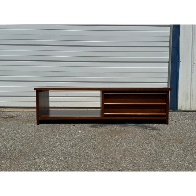 Mid 20th Century Mid-Century Modern Walnut Low Media Console With Sliding Doors For Sale - Image 5 of 12
