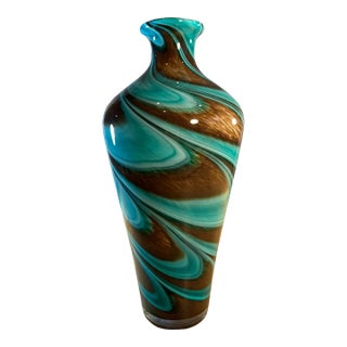 Art Glass Green Brown Swirl Vase For Sale