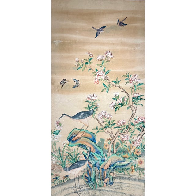 Chinese Export Six Panel Screen Circa 1920s, Hand-Painted Chinoiserie Garden With Birds For Sale - Image 12 of 16