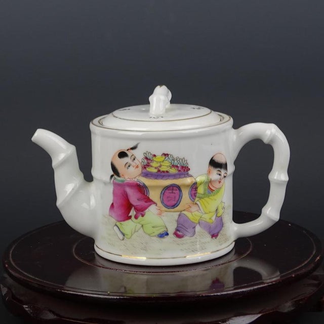 Art Deco Chinese Vintage Porcelain Tea Pot China Famille Rose Porcelain Tea Pot Hand Painted Children Pattern For Sale - Image 3 of 9