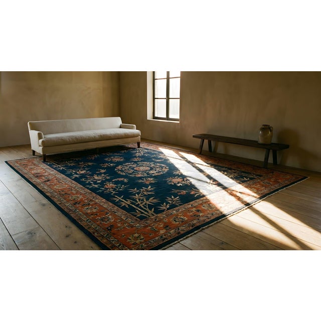 Beautiful Navy Blue and Rust Color Floral Minimalist Pattern Antique Chinese Art Deco Rug For Sale - Image 16 of 16