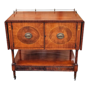 George III Style Marquetry Inlaid Mahogany Drop Leaf Wheeled Dry Bar