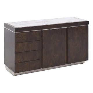 Milo Baughman Style Helikon Mid Century Burlwood and Marble Top Credenza For Sale