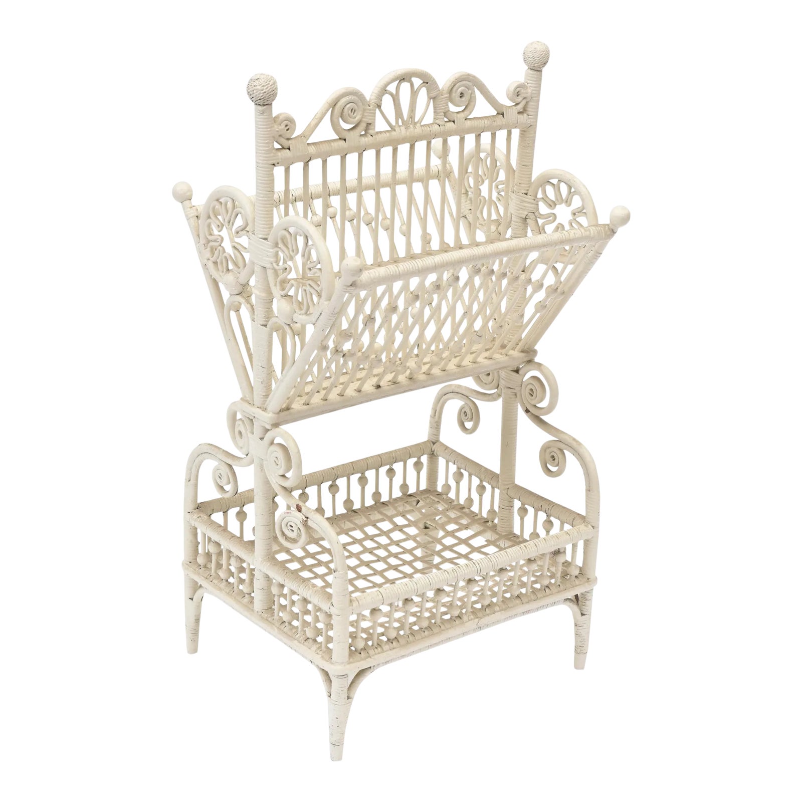 Victorian Wicker Two Tier Beaded Magazine Rack | Chairish
