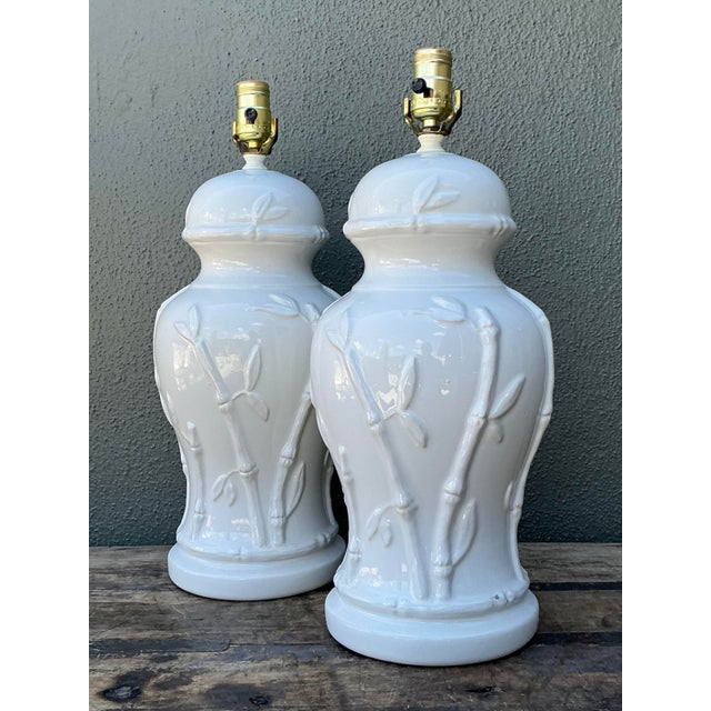 Wood Vintage Glazed Ceramic Bamboo Lamps - A Pair For Sale - Image 7 of 12