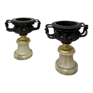Antique Pair French Ormolu Bronze Warwick Albani Grand Tour Vases Urns Clodion