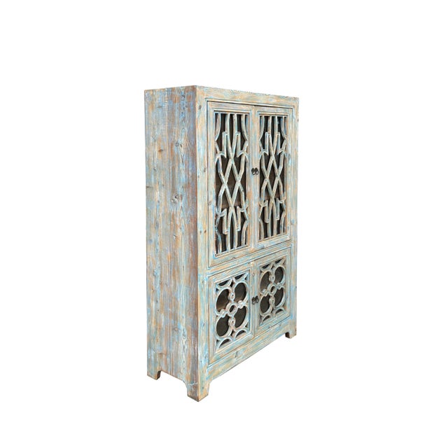 2000 - 2009 Distressed Shabby Chic Pastel Blue Latticework Glass Door China Bookcase Cabinet For Sale - Image 5 of 10