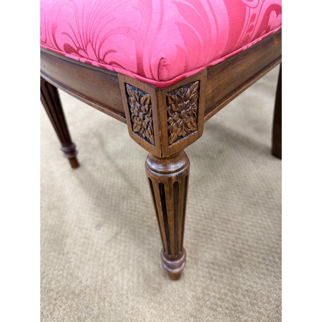 Wood Ethan Allen Dining Table Set With 6 Red Damask Upholstered Chairs 7 Pc For Sale - Image 7 of 11