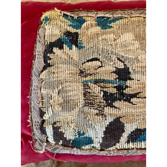 Antique 18th Century European Verdure Tapestry Fragment Velvet Pillows With Bullion Fringe- A Matching Pair For Sale In San Antonio - Image 6 of 10