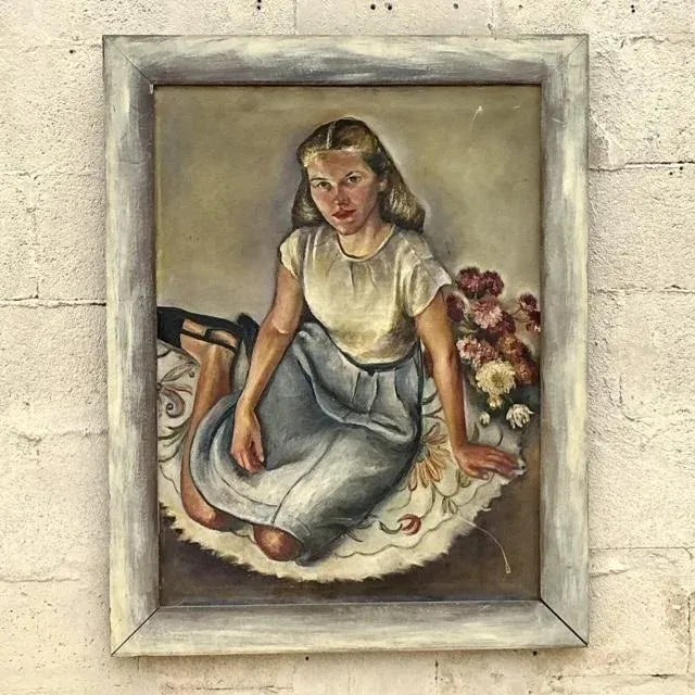 Wood Vintage Boho Original Oil Portrait Painting on Canvas For Sale - Image 7 of 10