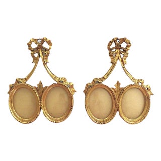 Pair of Double Miniature Portrait Photo Picture Frames Antique Italian Gilt Wood Ribbon & Bow For Sale