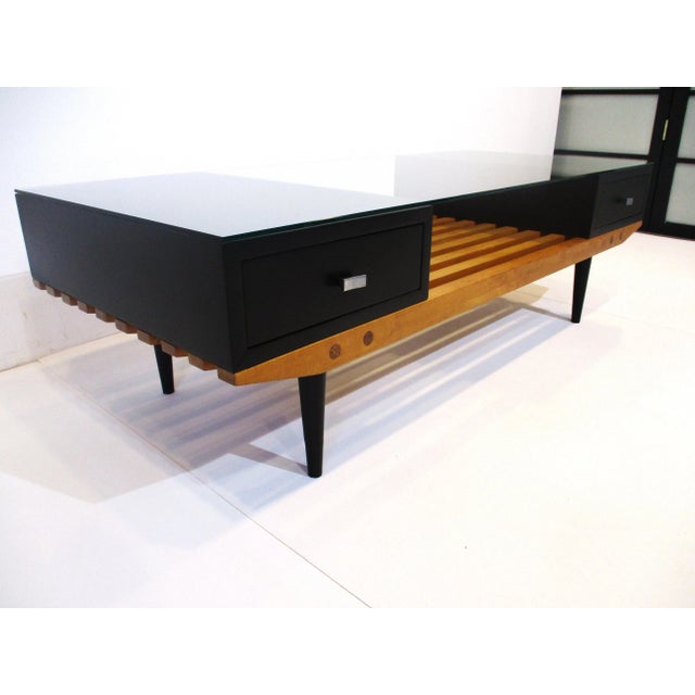 Mid Century Slat Wood / Glass Coffee Table in the Style of George Nelson For Sale - Image 11 of 12