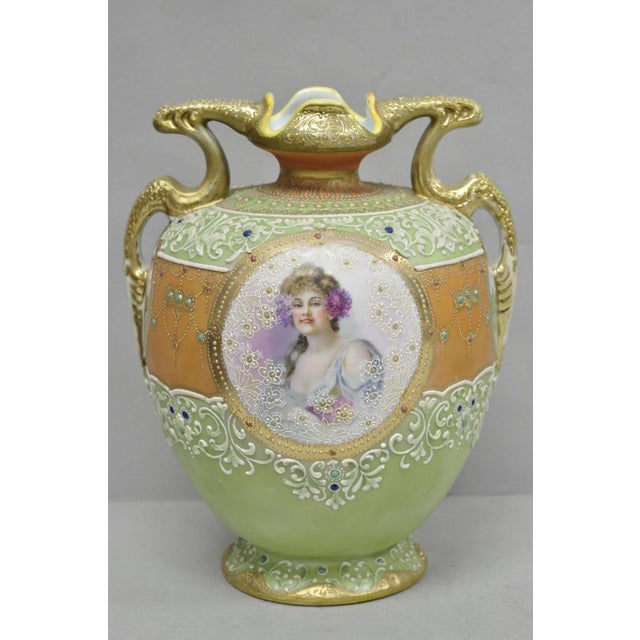 Antique Nippon Hand Painted Porcelain Green Moriage Twin Handle Portrait Vase For Sale - Image 17 of 17