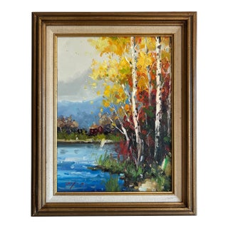 Vintage Impressionist Autumn Landscape Oil Painting on Canvas Framed For Sale