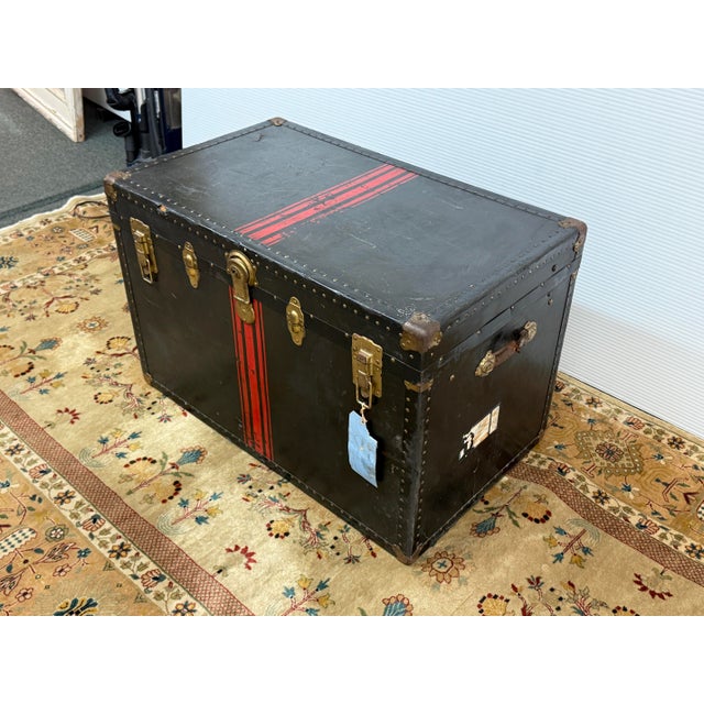 English Black With Red Steamer Trunk, Antique For Sale - Image 3 of 10