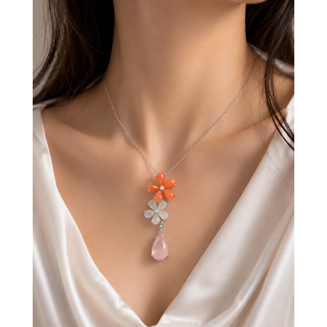 Traditional Late 20th Century 18K White Gold Diamond Coral Chalcedony Rose Quartz Pendant Necklace For Sale - Image 3 of 3