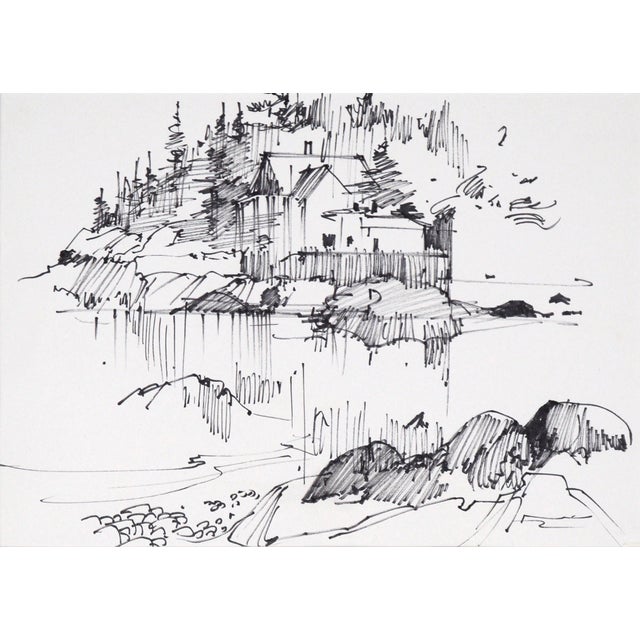 American House Across the Lake - Line Drawing Landscape in Ink on Paper by Laurence Sisson For Sale - Image 3 of 9
