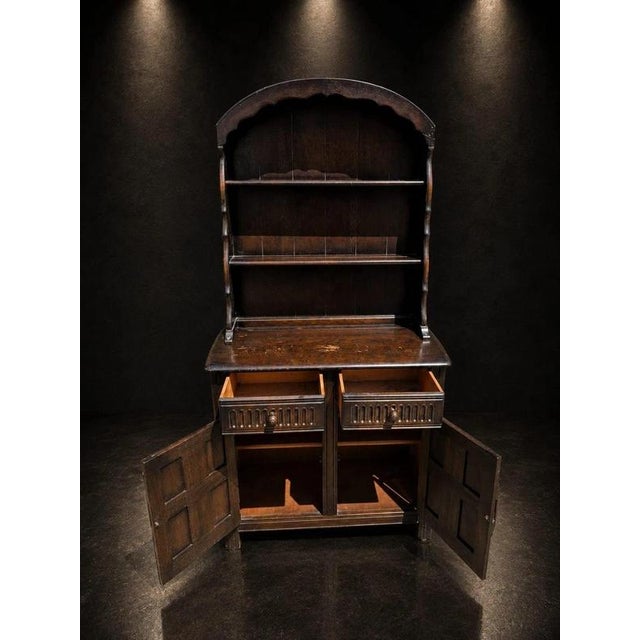 2000 - 2009 Arts & Crafts Carved Oak Dresser Cabinet with Open Display Rack For Sale - Image 5 of 9