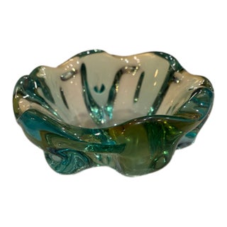 Mid-Century Green & Turquoise Sculptural Art Glass Bowl For Sale