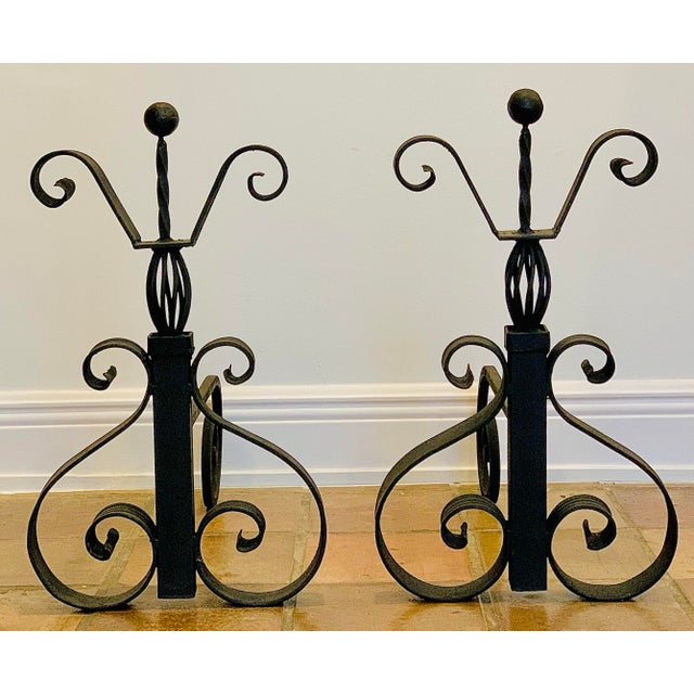 Mission Vintage Spanish Mission, Spanish Colonial Scrollwork Black Wrought Iron Fireplace Andirons in the Style of Addison Mizner- Set of 2 For Sale - Image 3 of 12