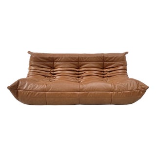 French Togo T3-Seater Sofa in Cognac Leather by Michel Ducaroy for Ligne Roset For Sale