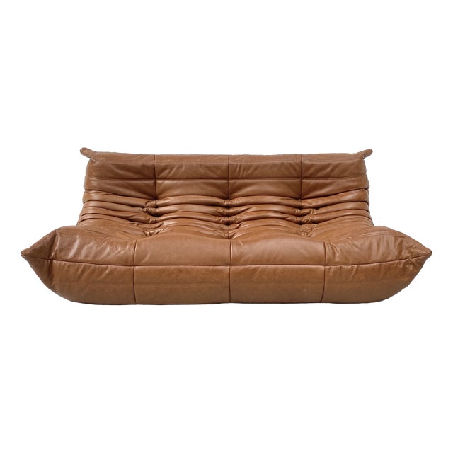 French Togo T3-Seater Sofa in Cognac Leather by Michel Ducaroy for Ligne Roset For Sale