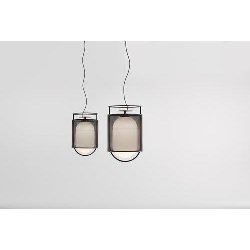 Denglong t pe suspension lamp. Anthracite lacquered aluminium structure and steel mesh. Top disc in gold lacquered...