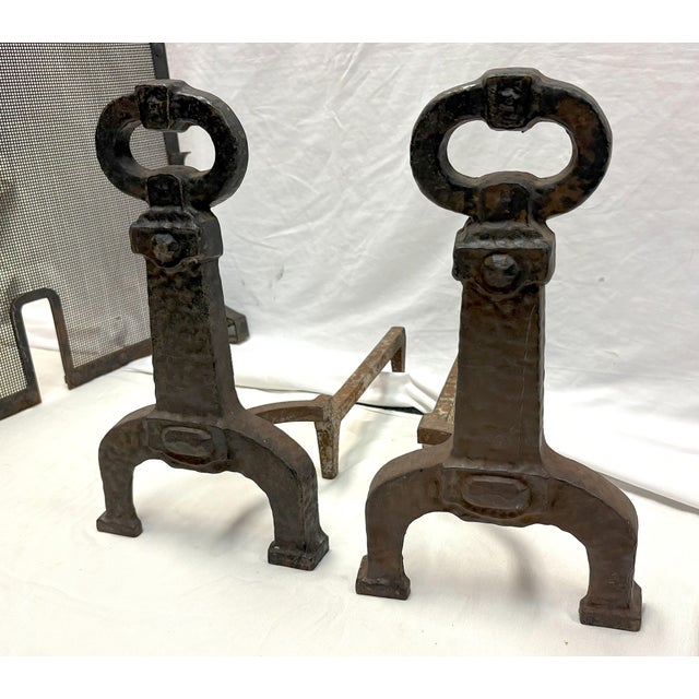 Metal 1920's Cahill Iron Works 3-Piece Cast Iron Fireplace Set With Andirons and Screen For Sale - Image 7 of 18