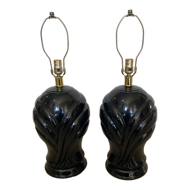 1980s Postmodern Black Gloss Ceramic Table Lamps - a Pair For Sale