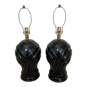 1980s Postmodern Black Gloss Ceramic Table Lamps - a Pair
