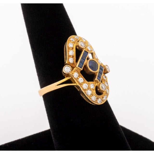 Art Deco 14k Yellow Gold Diamond and Sapphire Ring For Sale - Image 3 of 9