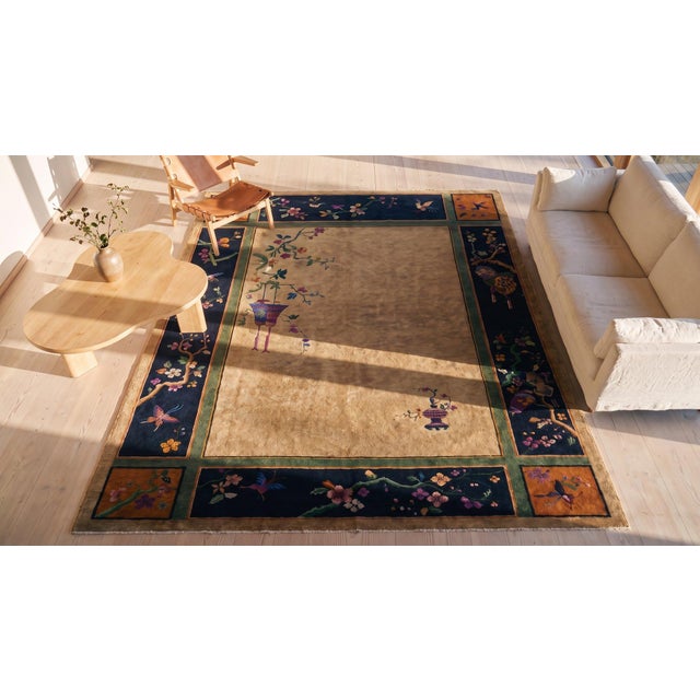 1920s Beige Open Field Vase Antique Chinese Art Deco Carpet 9' X 11'6" Knotted Wool Rug For Sale - Image 15 of 16